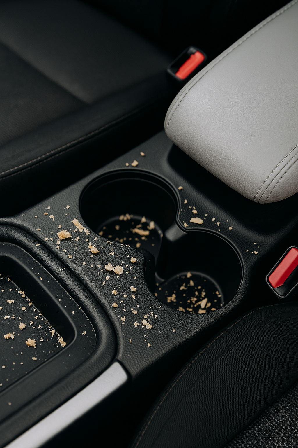 Console centrale voiture sale avec miettes - Nécessité aspirateur professionnel