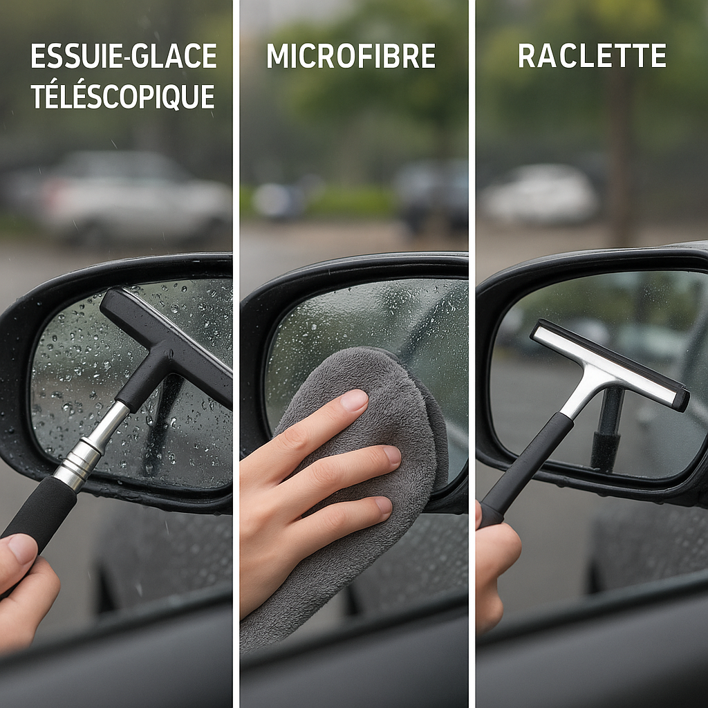 Comparatif visuel : essuie-glace rétroviseur télescopique vs microfibre vs raclette sur miroir mouillé — précision, vitesse et absence de traces.