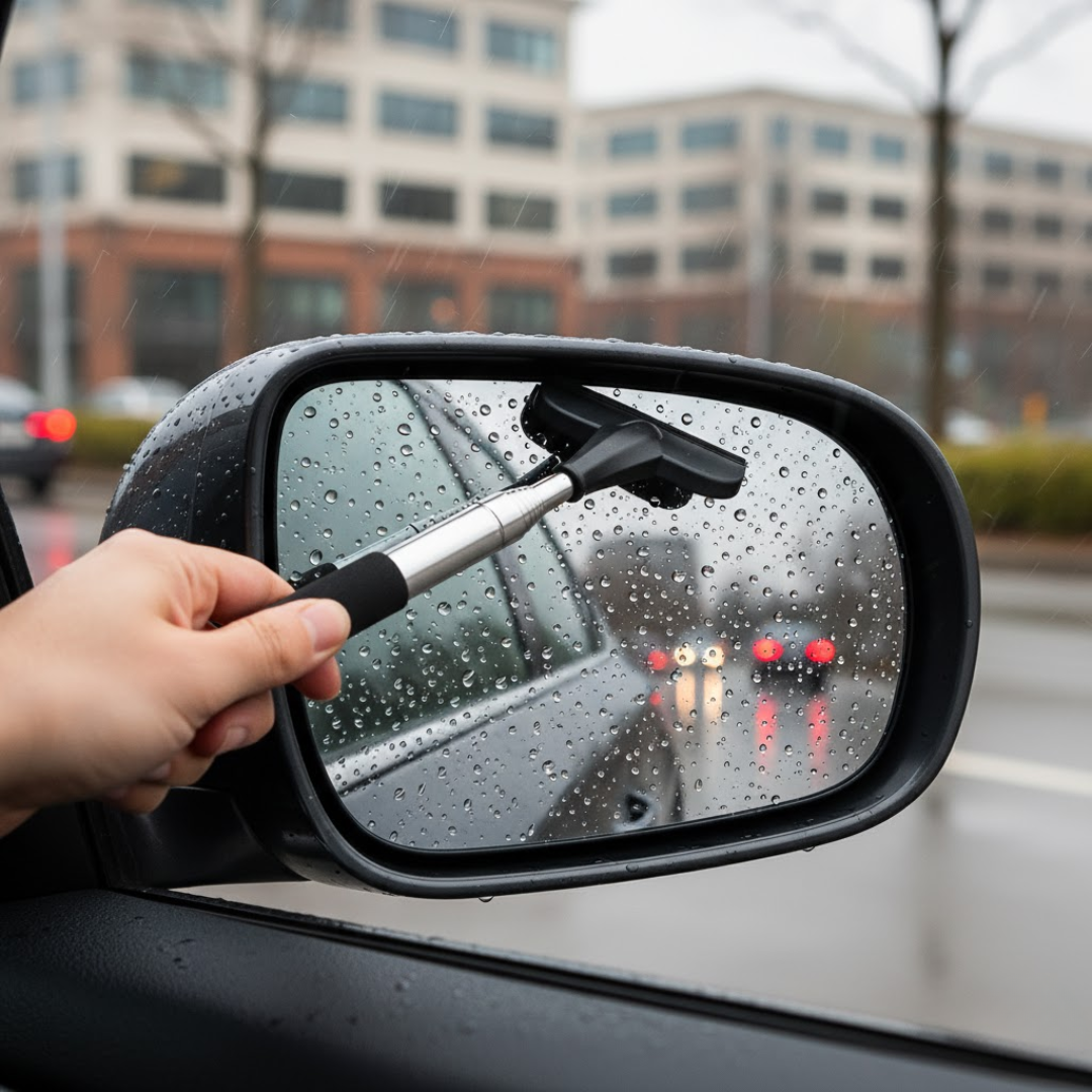 Installation et bon geste d’un essuie-glace rétroviseur télescopique côté conducteur : lame horizontale, passe du haut vers le bas, manche à longueur minimale.