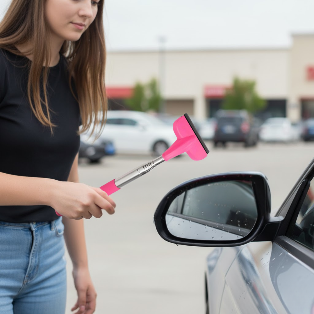Conductrice essuyant le rétroviseur côté conducteur avec l’essuie-glace télescopique manche rose après la pluie, parking extérieur.