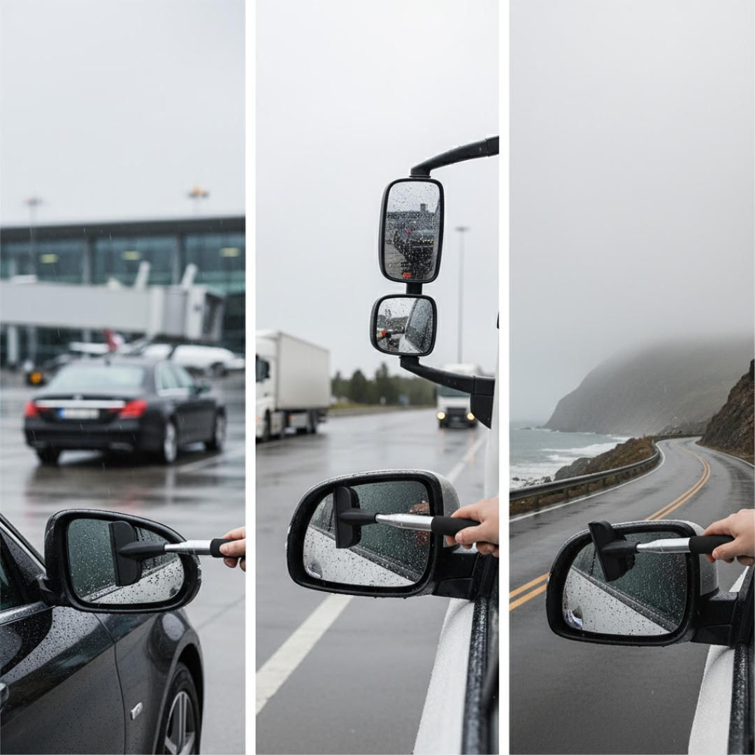 Essuie-glace télescopique sur rétroviseur conducteur dans trois contextes : VTC, poids lourd et vanlife, gouttes d’eau visibles.