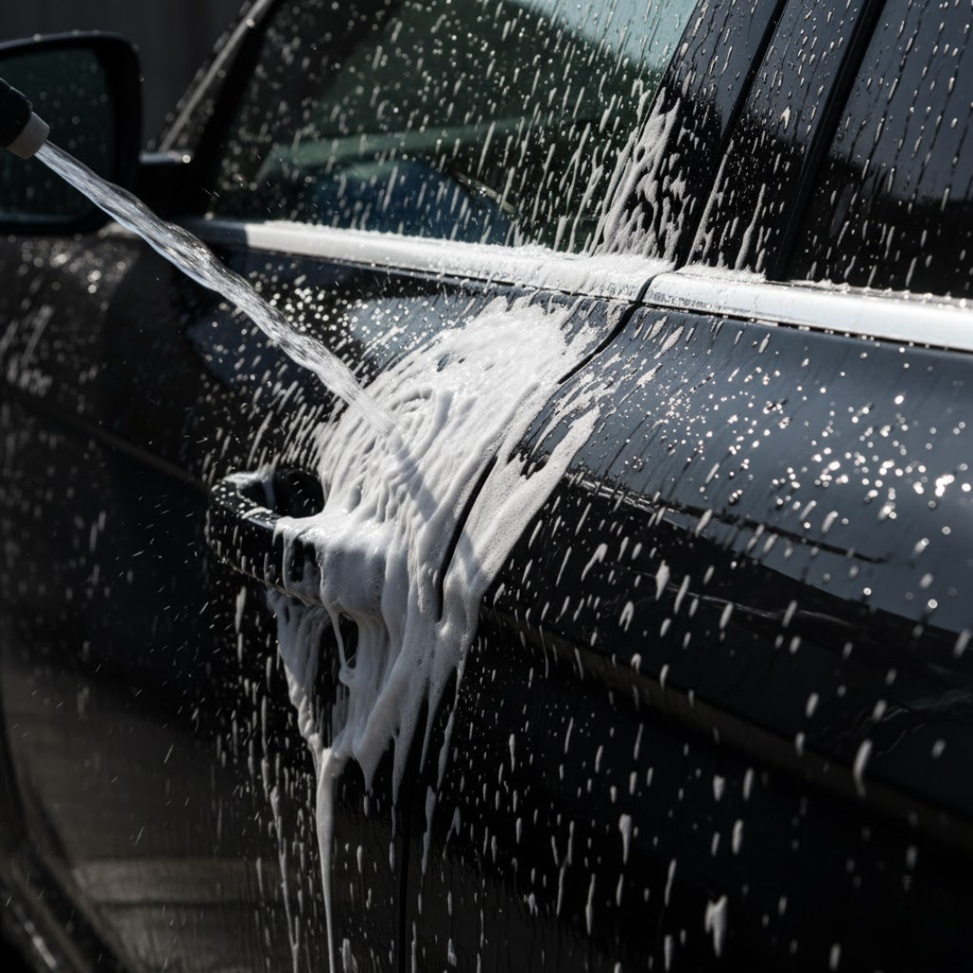 Pré-lavage au pulvérisateur sur carrosserie protégée (cire/céramique), rinçage avant séchage, travail à l’ombre.