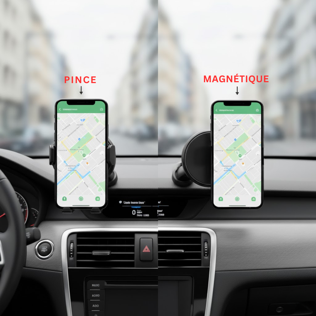 Comparatif support téléphone 360° dans une voiture : à gauche modèle à pince avec pads silicone, à droite modèle magnétique type MagSafe, écran de navigation visible.