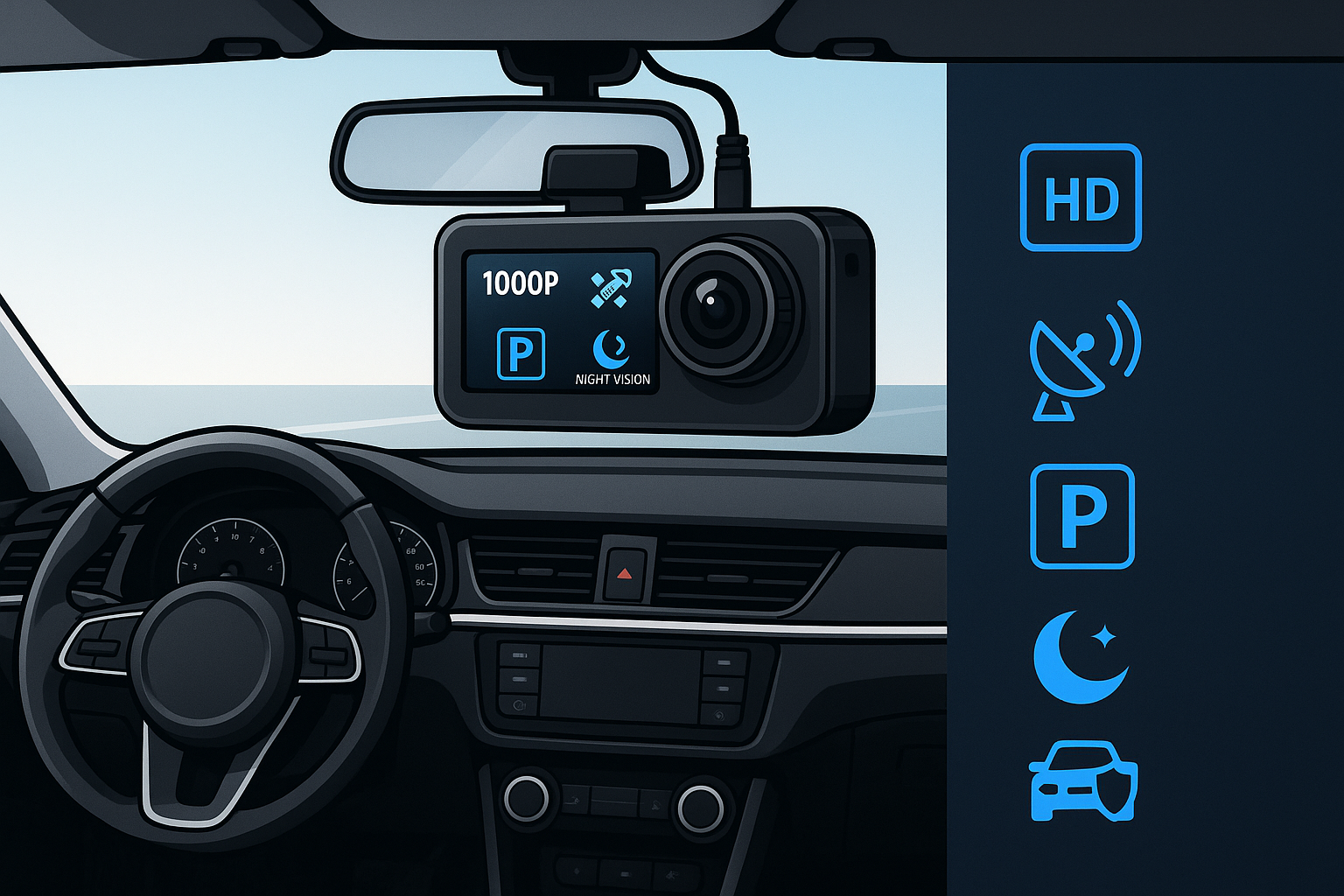 Dashcam moderne installée dans voiture - Guide sécurité 2025