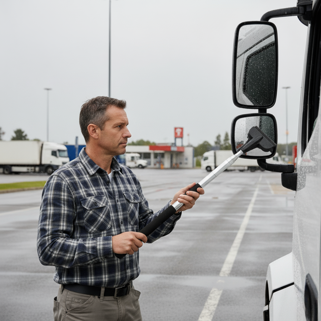 Homme utilisant un essuie-glace rétroviseur rétractable pour nettoyer un miroir de camion sous la pluie.