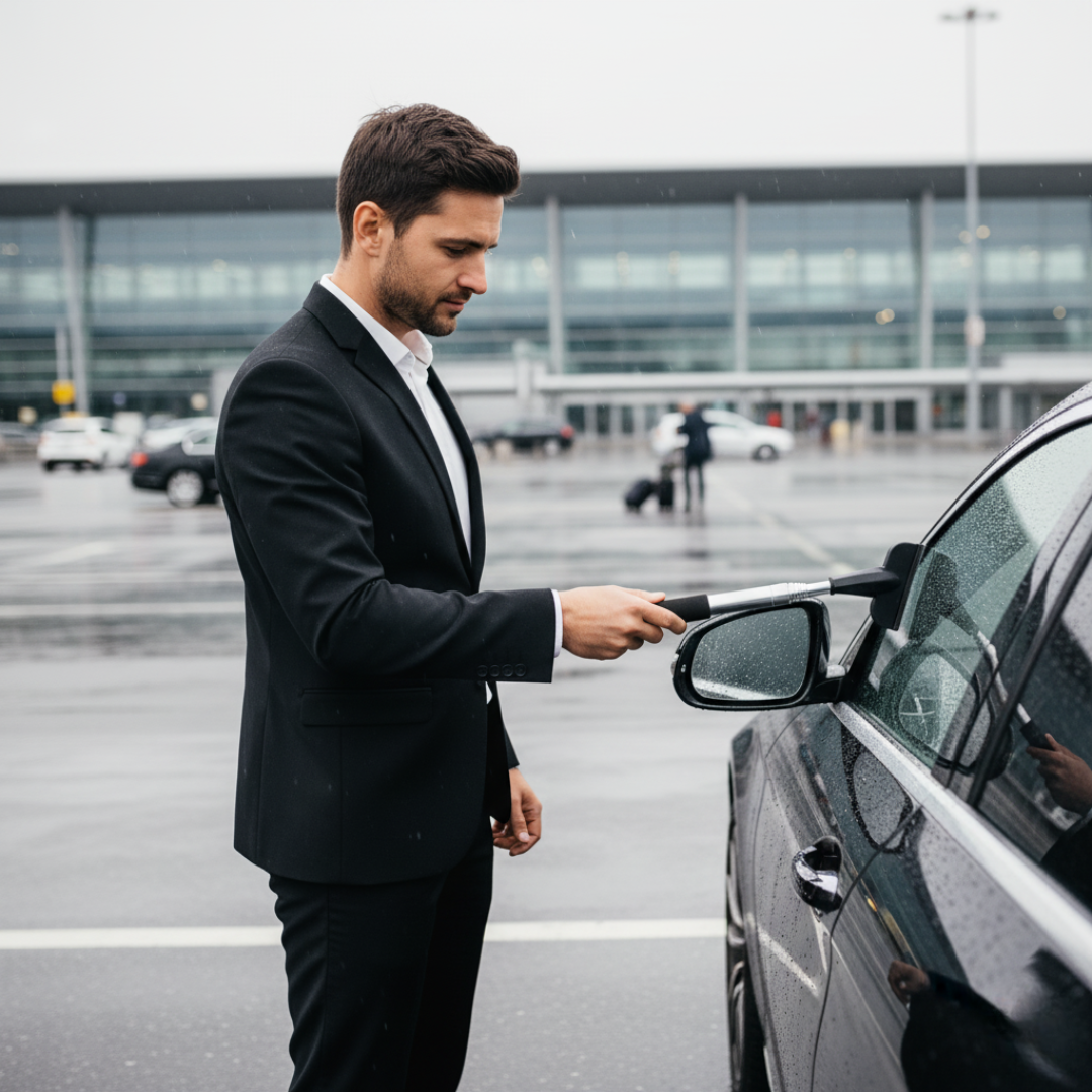 Homme utilisant essuie-glace portable pour nettoyer rétroviseur de voiture sous la pluie en extérieur