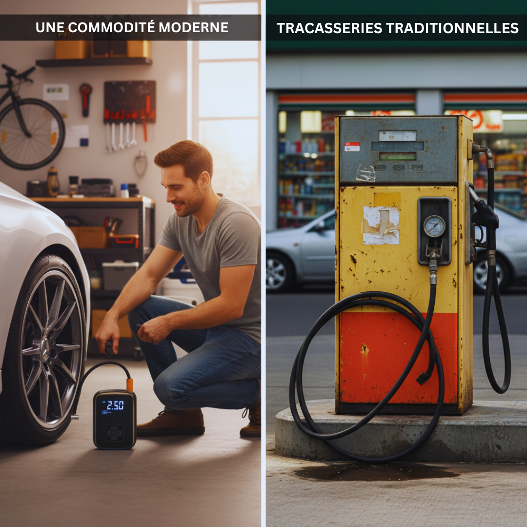 Comparatif entre compresseur d'air portable moderne et pompe à air traditionnelle de station-service