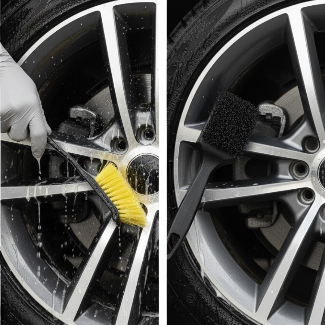 Nettoyage intérieur de jante : brosse manche long entre-rayons à 45°, mousse pH neutre, rinçage dirigé.