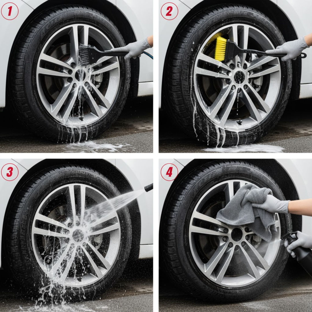 Routine express jantes : mousse pH neutre, brossage par zones, rinçage, séchage rectiligne et protection hydrophobe.