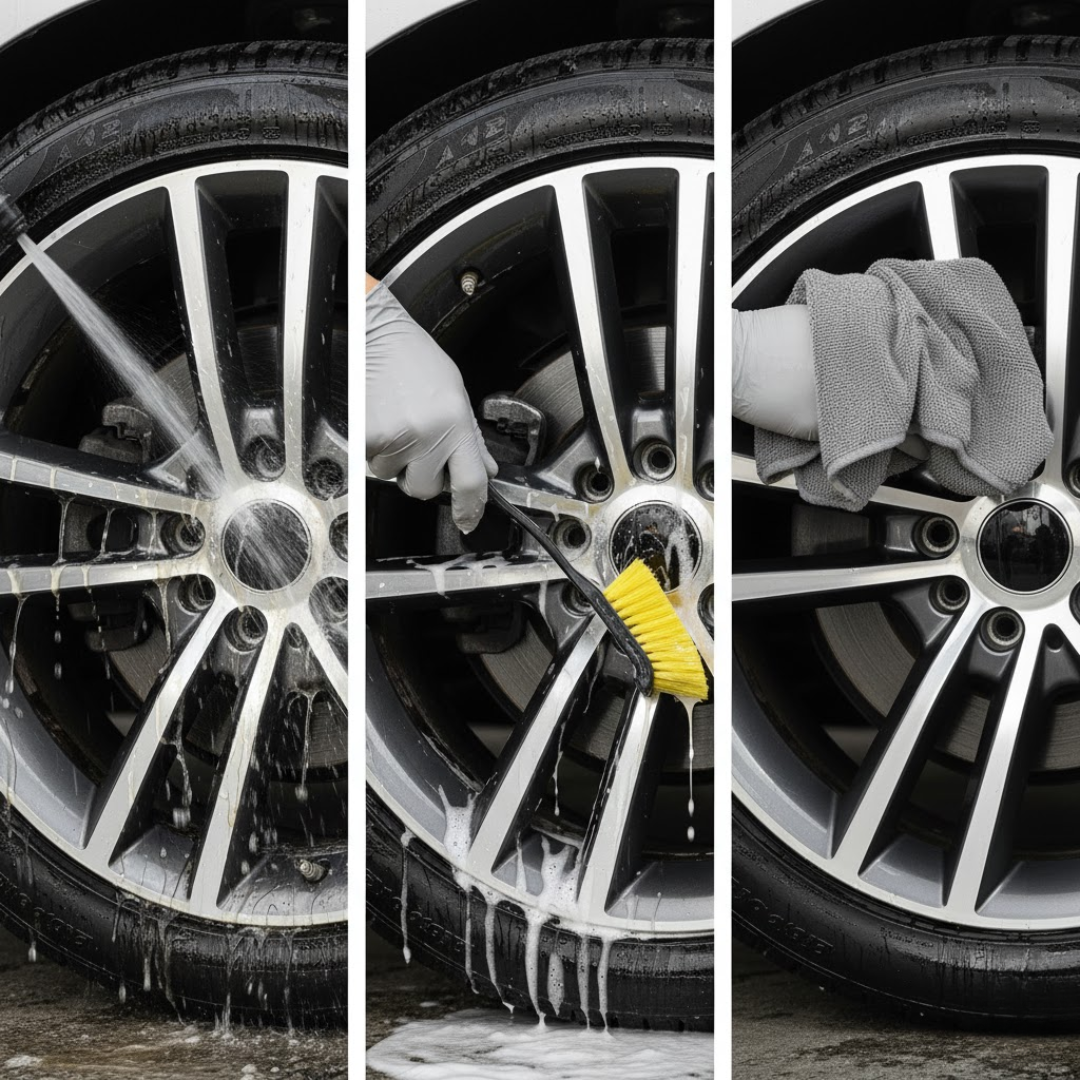 Séquence hiver : rinçage jante salée, brosse manche long entre rayons, séchage microfibre — méthode anti-encrassement.