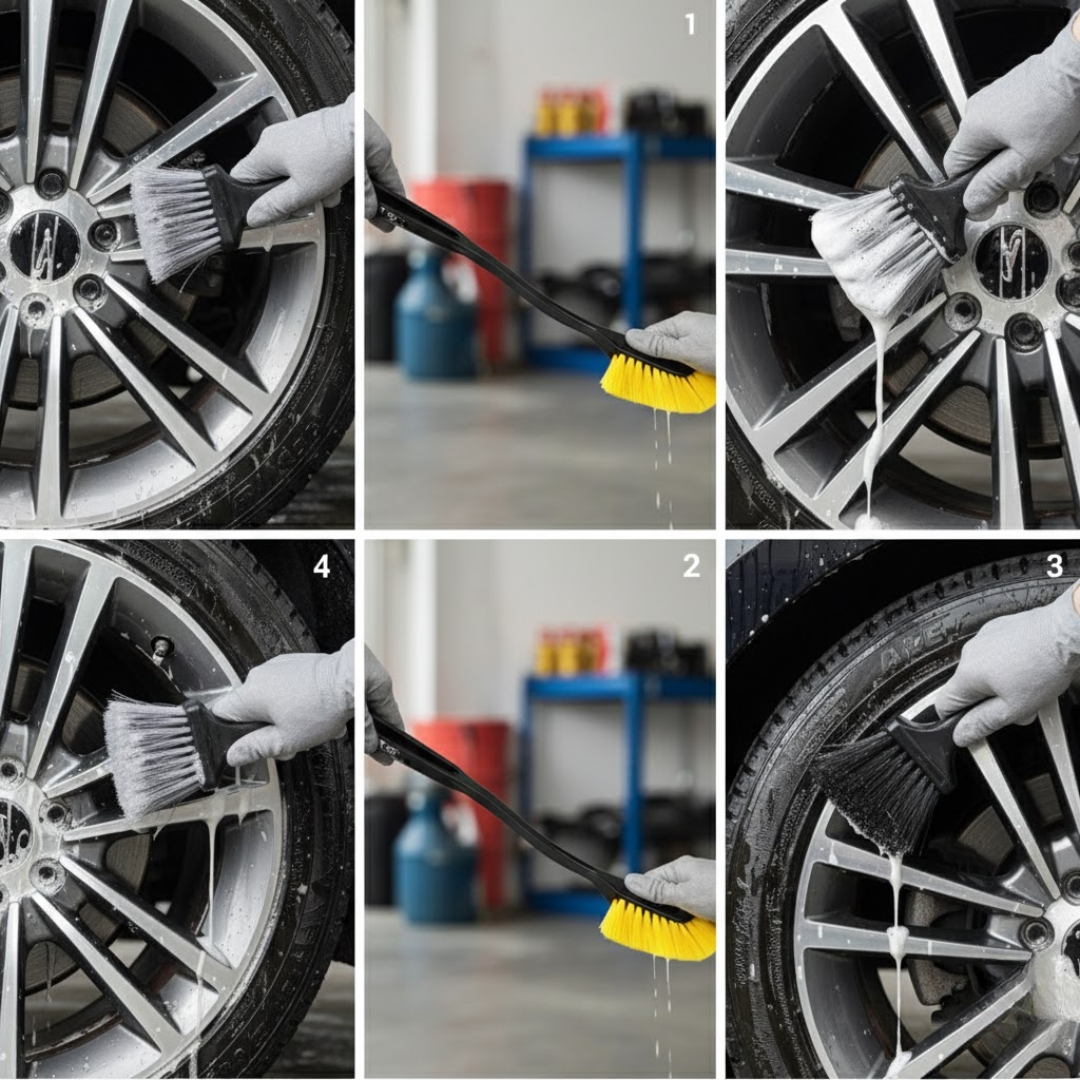 Comparatif visuel : brosse grise souple sur jante vernie, brosse jaune manche long entre rayons profonds, gros plan poils doux — méthode sans rayures.