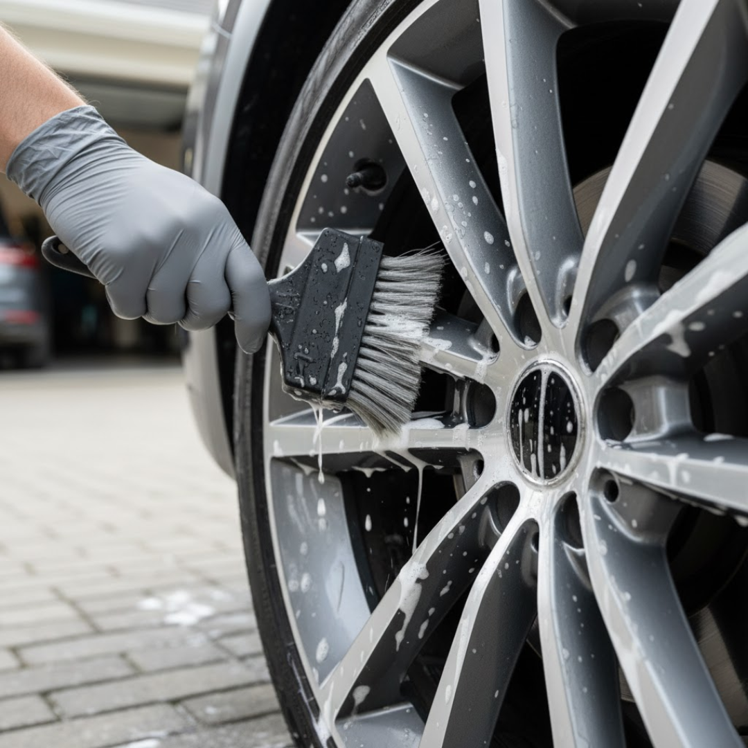 Brosse à jantes appliquée sur rayons humides, mousse active, nettoyage du rebord interne — sans rayures.