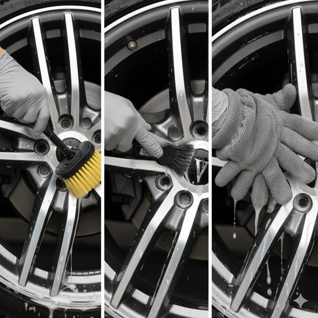 Comparatif visuel : brosse manche long dans le fût, pinceau autour des écrous, gant microfibre sur la face extérieure d’une jante.