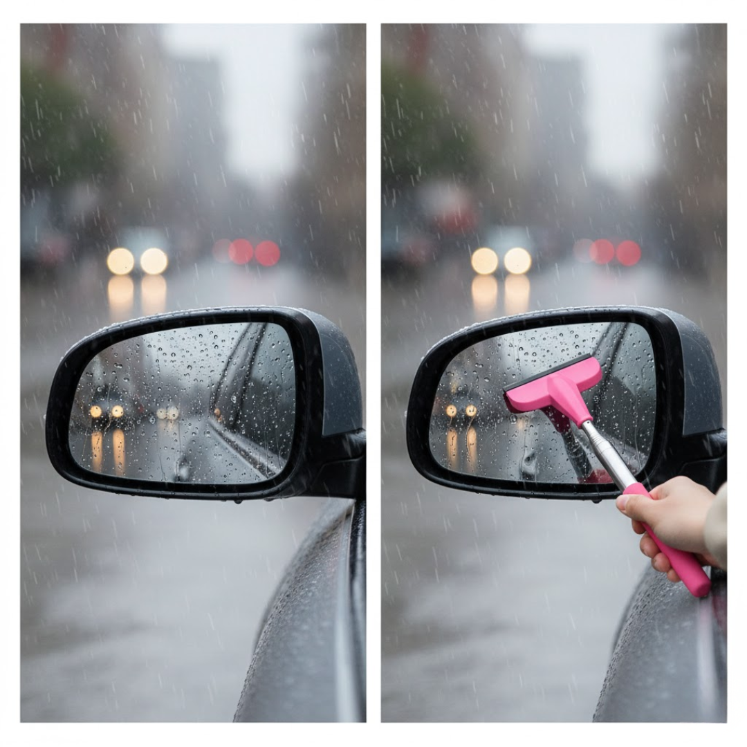 Comparatif avant/après sur rétroviseur conducteur : à gauche gouttes et halos, à droite surface nette après deux passes droites avec essuie-glace télescopique.
