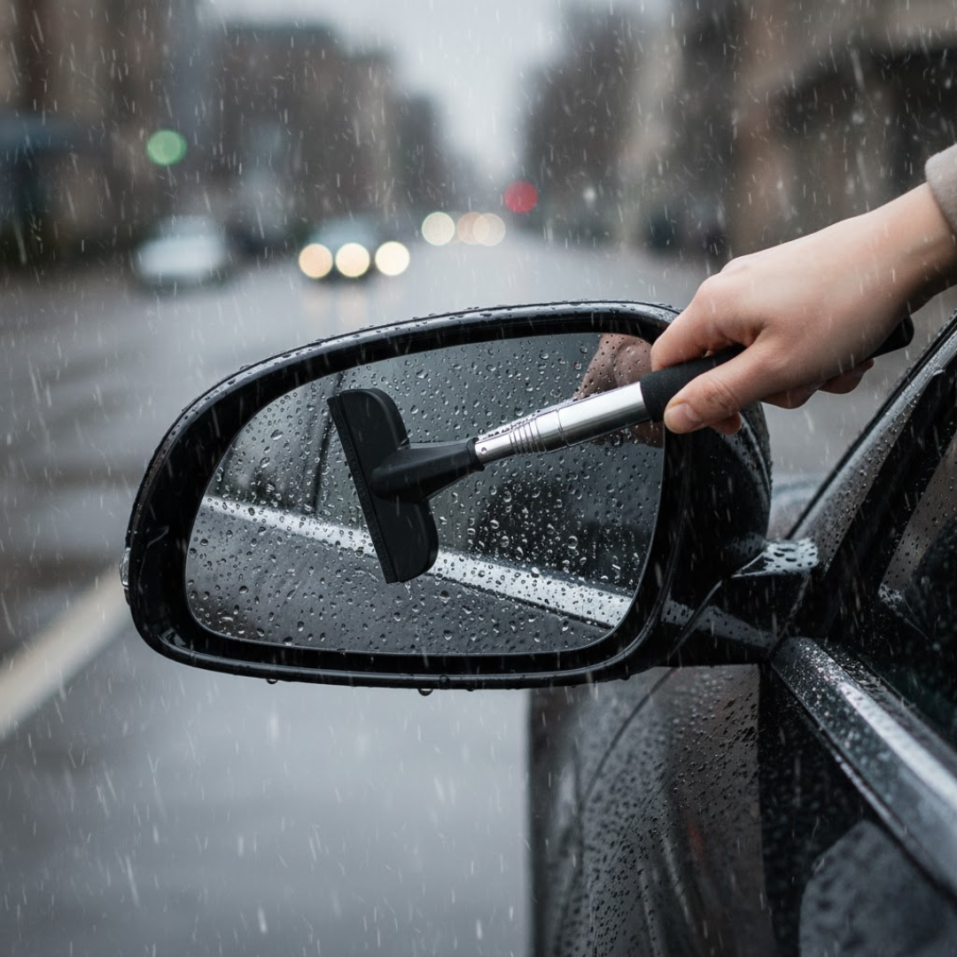 Essuie-glace rétroviseur télescopique nettoyant un miroir extérieur côté conducteur sous la pluie, manche déployé, lame horizontale sans trace.