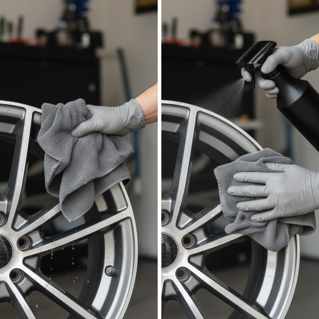 Séchage et protection jantes : microfibre longue + application de sealant, finition brillante sans traces.