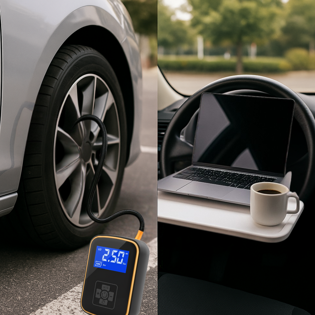 Split image : compresseur d’air sans fil gonflant un pneu et table de volant blanche avec laptop et café – voiture à l’arrêt, rendu premium, sans logo.