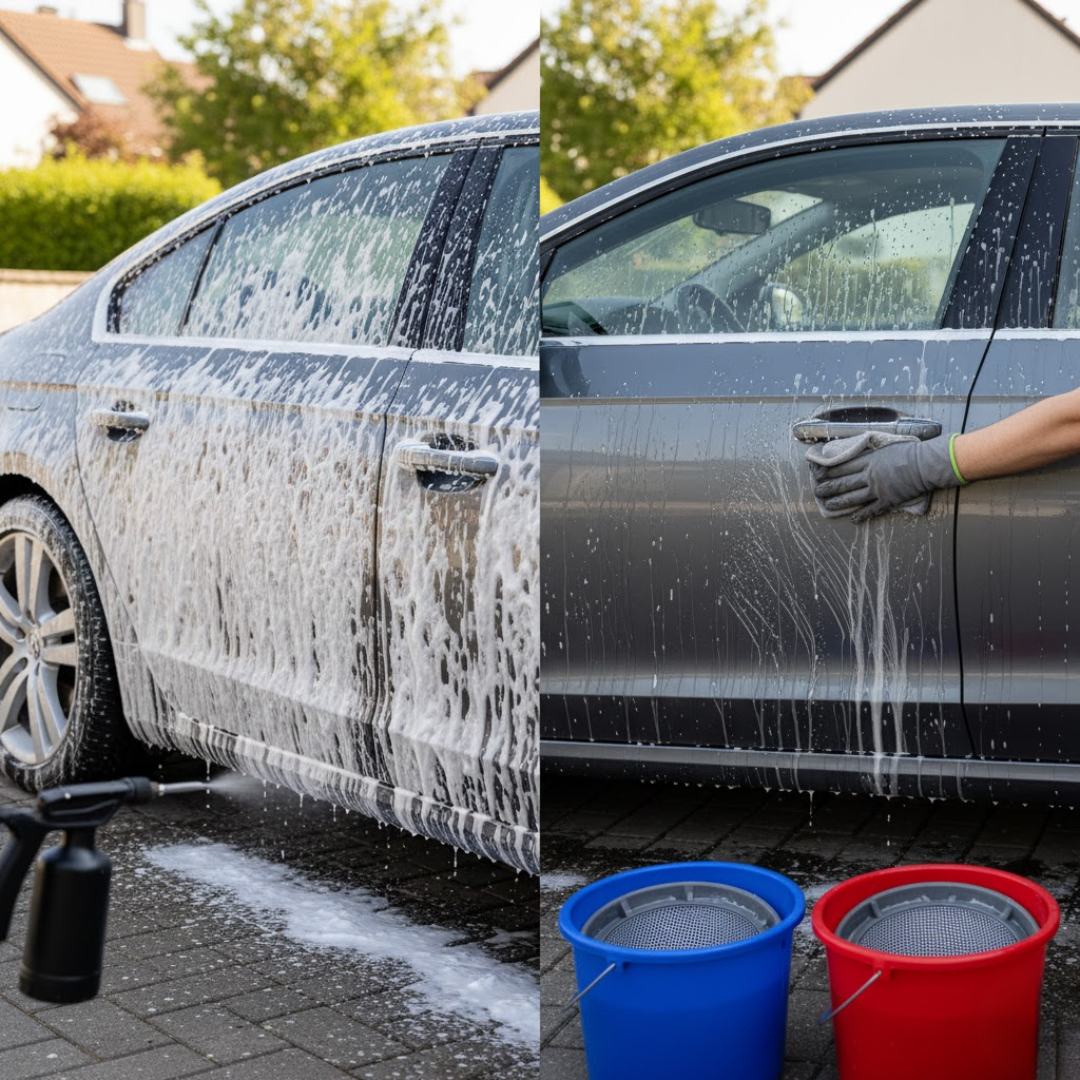 Comparatif visuel : à gauche pré-lavage à la mousse au pulvérisateur, à droite lavage contact au gant microfibre avec deux seaux.