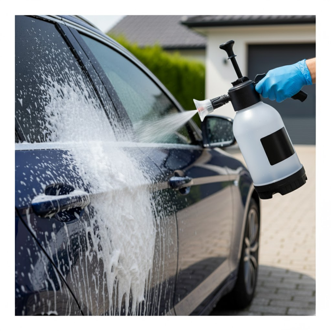 Pulvérisateur de mousse appliquant une mousse épaisse sur une carrosserie, buse réglable et mousse qui adhère avant rinçage.