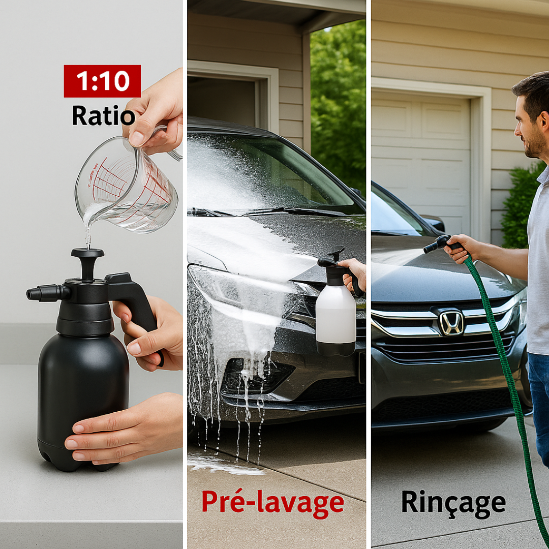 Pulvérisateur de mousse appliqué sur carrosserie, couche uniforme — ratio 1:10 recommandé, temps de pose 3–5 min.