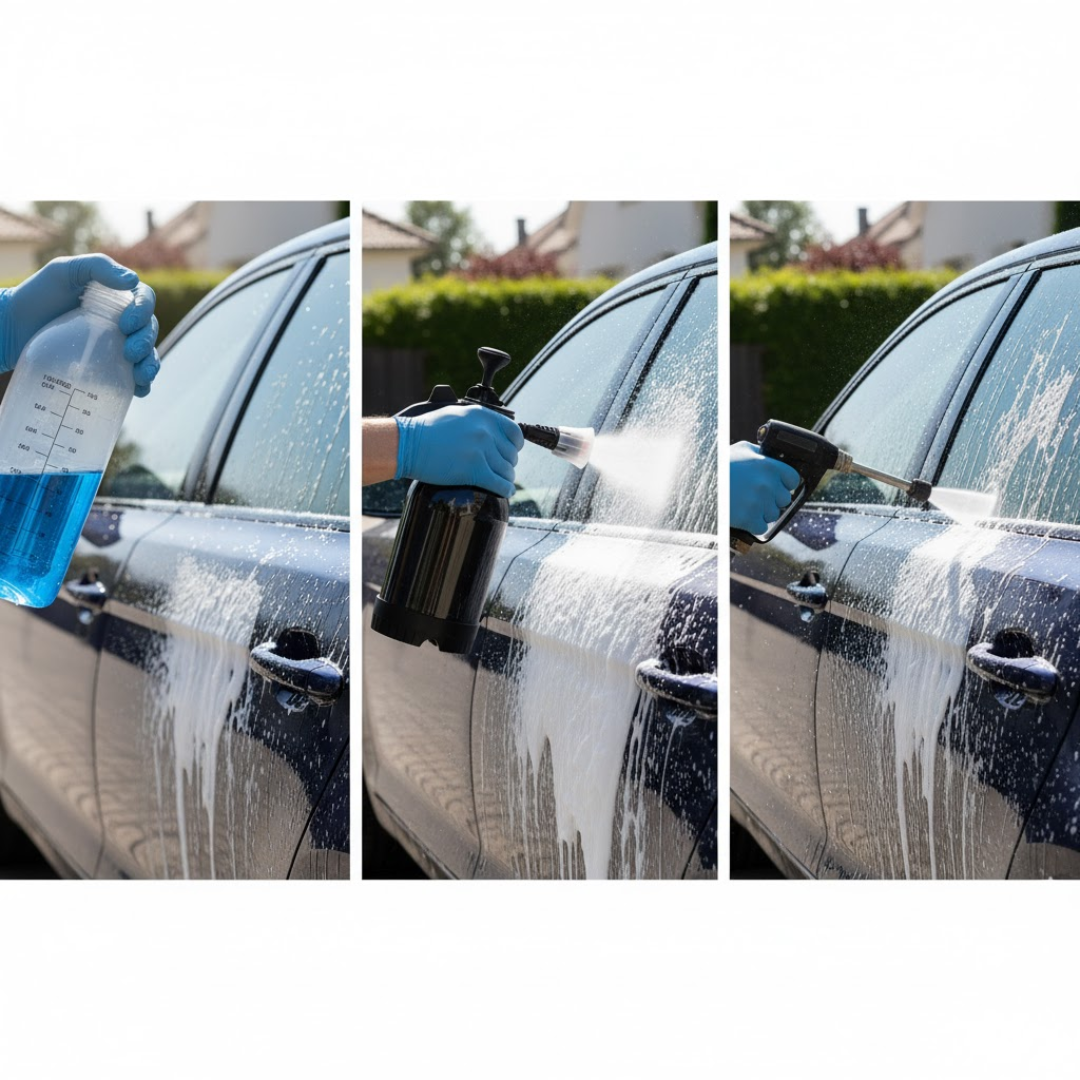 Routine complète au pulvérisateur de mousse : application de bas en haut, temps de pose 3–5 min, rinçage du haut vers le bas, entretien rapide.