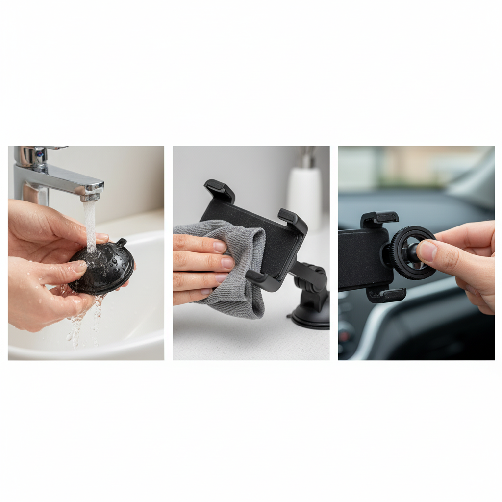 Entretien support téléphone 360° : rinçage de la ventouse, nettoyage des pads silicone et serrage de la rotule pour plus de stabilité.