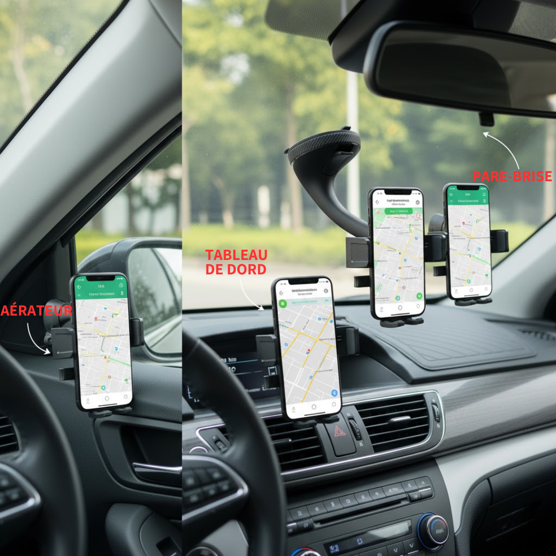Support téléphone 360° : installation aérateur, pare-brise et tableau de bord, réglages bras court et rotule 360°.