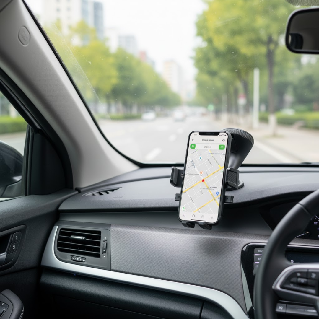 Support téléphone 360° posé bas sur le tableau de bord, écran de navigation visible sans masquer la route.