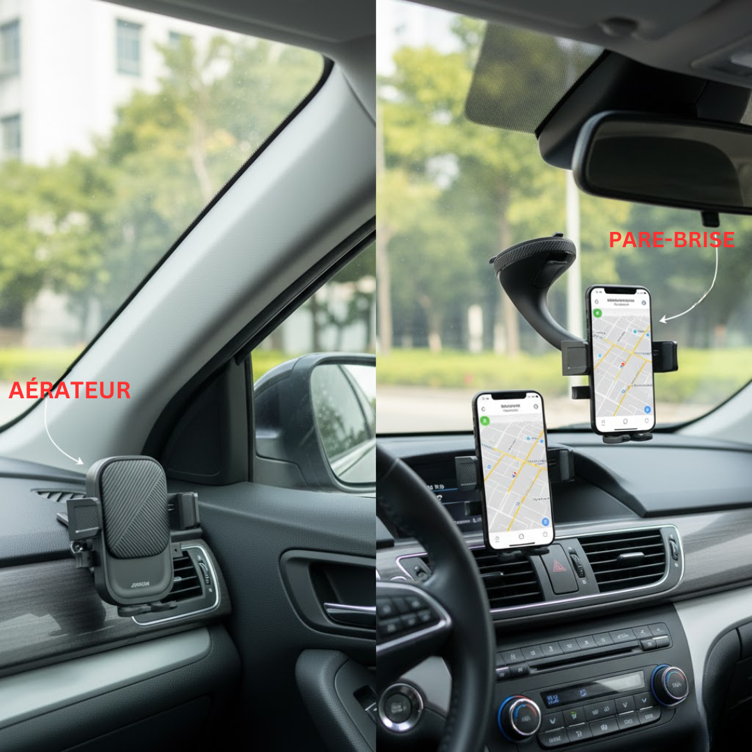 Support téléphone 360° : comparaison aérateur vs pare-brise à l’intérieur d’une voiture, position sûre sans masquer la route.