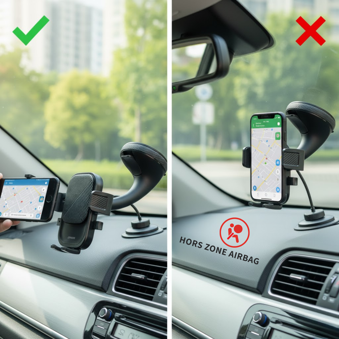 Placements légaux d’un support téléphone 360° : à gauche bas pare-brise ✅, à droite trop haut ❌, rappel « hors zone airbag ».