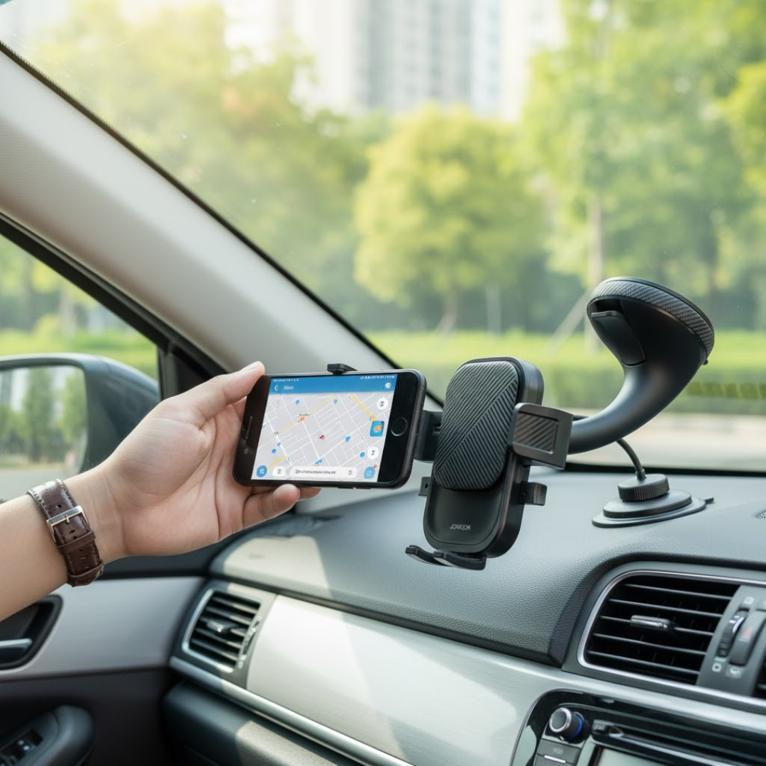 Main ajustant un smartphone sur un support 360° à ventouse fixé au tableau de bord, vue intérieure de voiture.