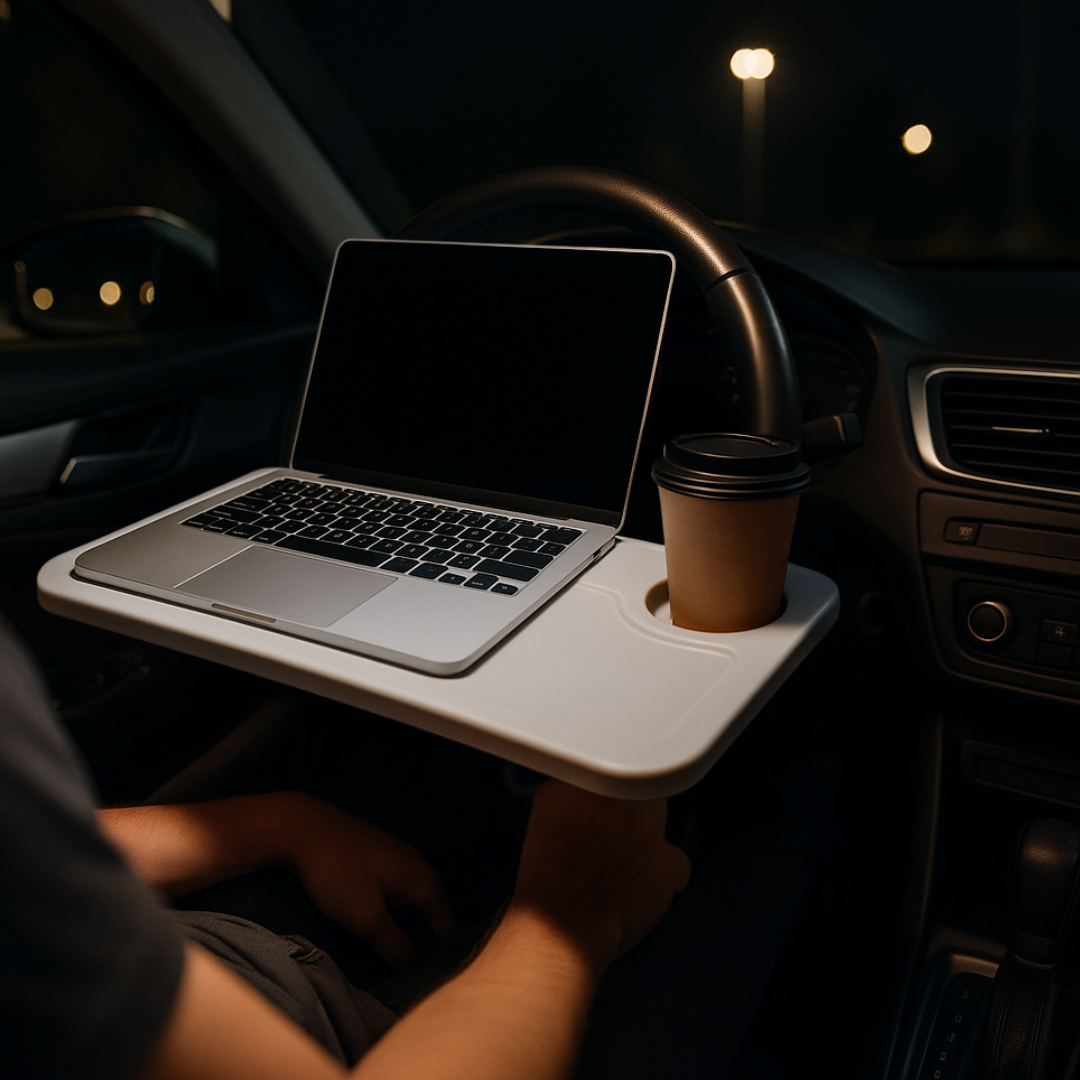 Table blanche pour volant centrée en bas du volant, laptop 13” et gobelet, intérieur de nuit éclairé, mise au point sur plateau et crochets.