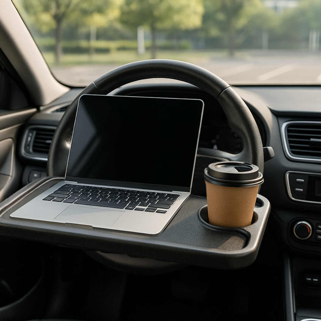 Table à manger pour volant installée correctement, crochets calés en haut du volant, laptop 13 pouces et gobelet, voiture à l’arrêt.