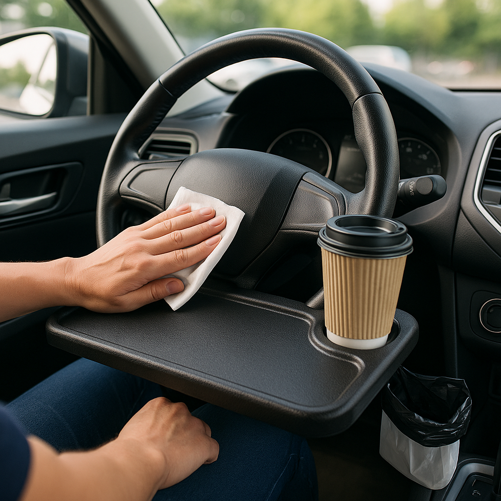 Nettoyage d’une table de volant noire avec lingette, gobelet à droite, petite poubelle de sac dans la portière – intérieur voiture, lumière naturelle.