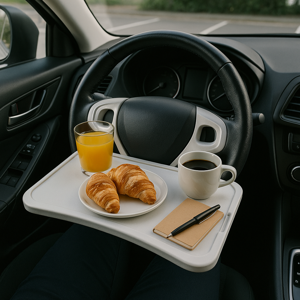 Table de volant noire centrée avec petit-déjeuner — croissants, jus d’orange, café, carnet et stylo, habitacle propre en lumière naturelle.