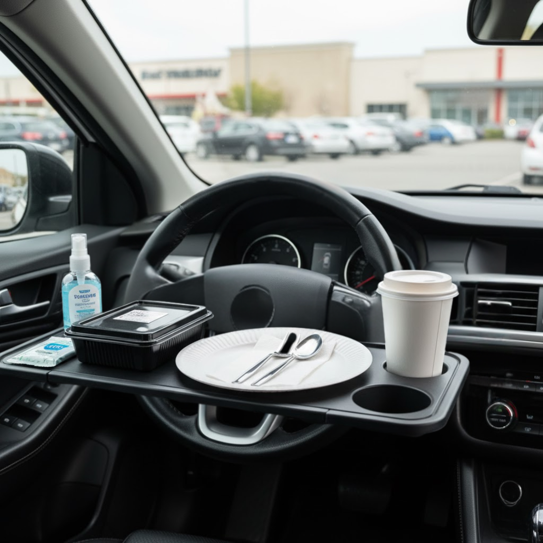 Table à manger pour volant – repas propre et hygiénique : plateau noir fixé sur volant, bento, serviette, lingettes et gel, gobelet dans l’emplacement.