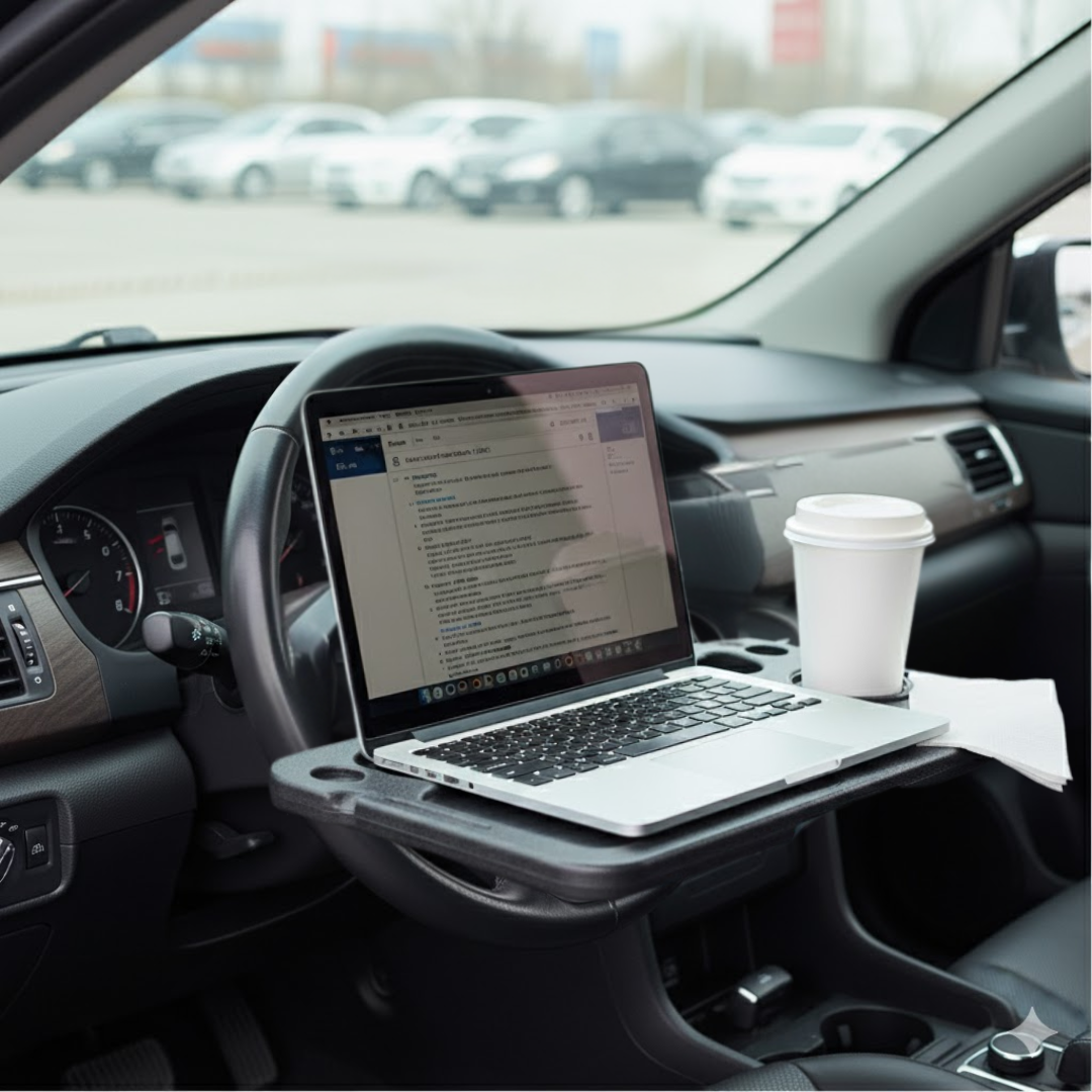 Table plateau noire parfaitement centrée sur le volant, crochets emboîtés à 12 h, laptop 13″ au centre et gobelet à droite — voiture à l’arrêt, lumière naturelle.