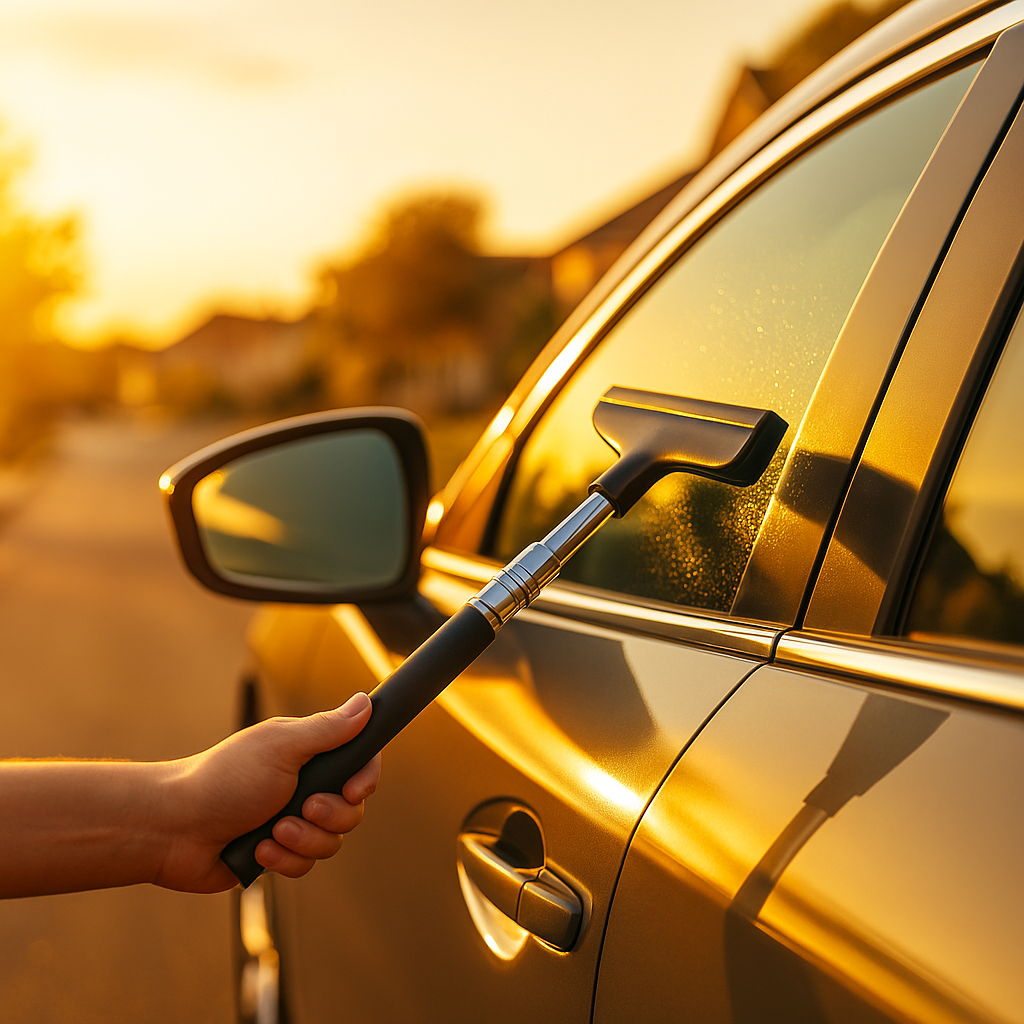 Essuie-glace rétroviseur télescopique noir en action sur miroir conducteur, lumière dorée en fin de journée, gouttes d’eau visibles, rendu réaliste 1080×1080.