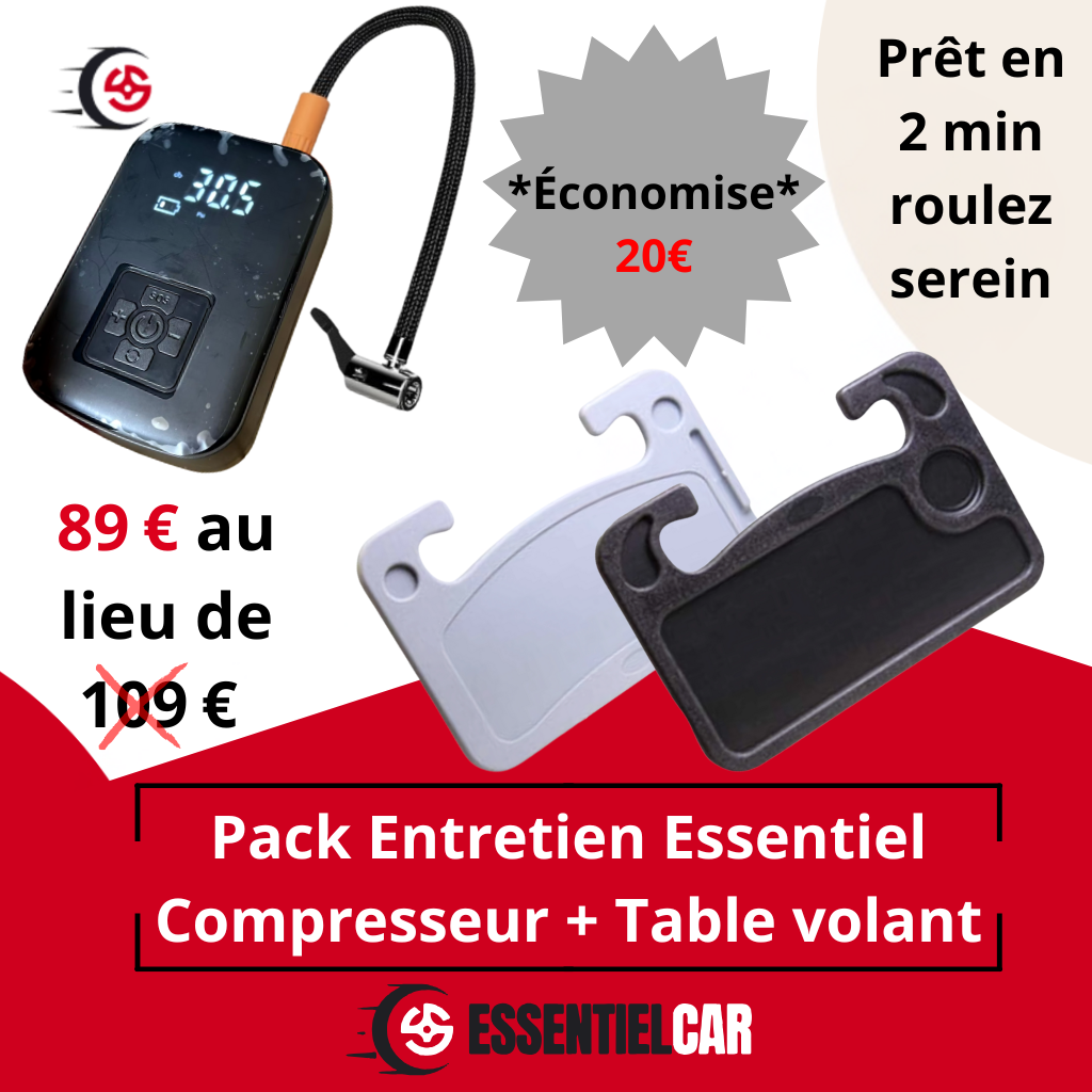 Pack Entretien Essentiel avec compresseur d'air sans fil et table volant économique pour entretien auto quotidien