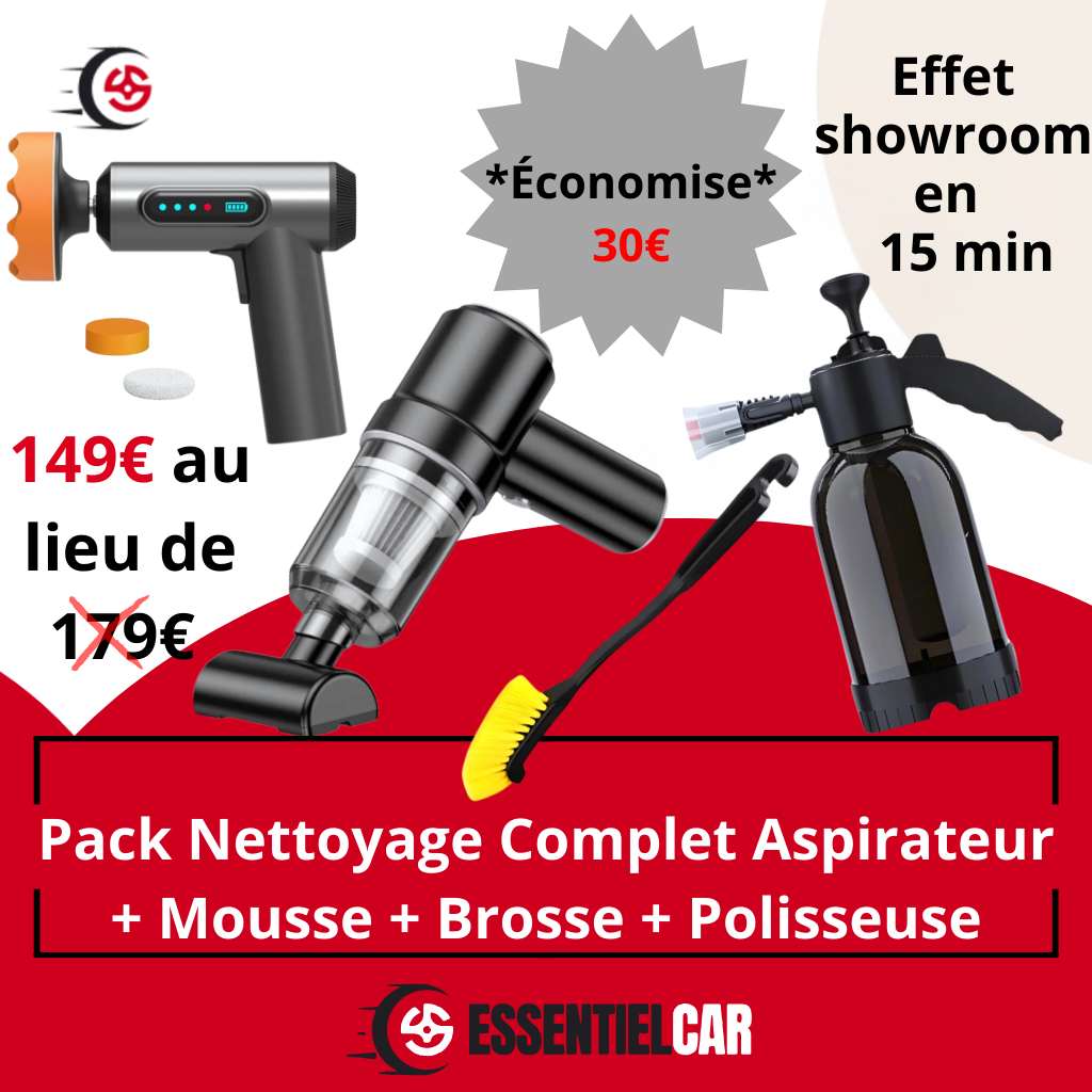Pack Nettoyage Complet avec aspirateur sans fil, pulvérisateur mousse, brosse jantes et polisseuse pour voiture professionnelle