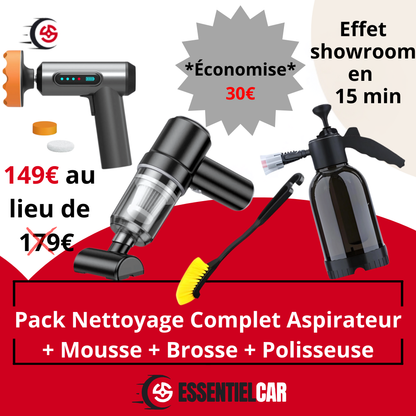 Pack Nettoyage Complet avec aspirateur sans fil, pulvérisateur mousse, brosse jantes et polisseuse pour voiture professionnelle