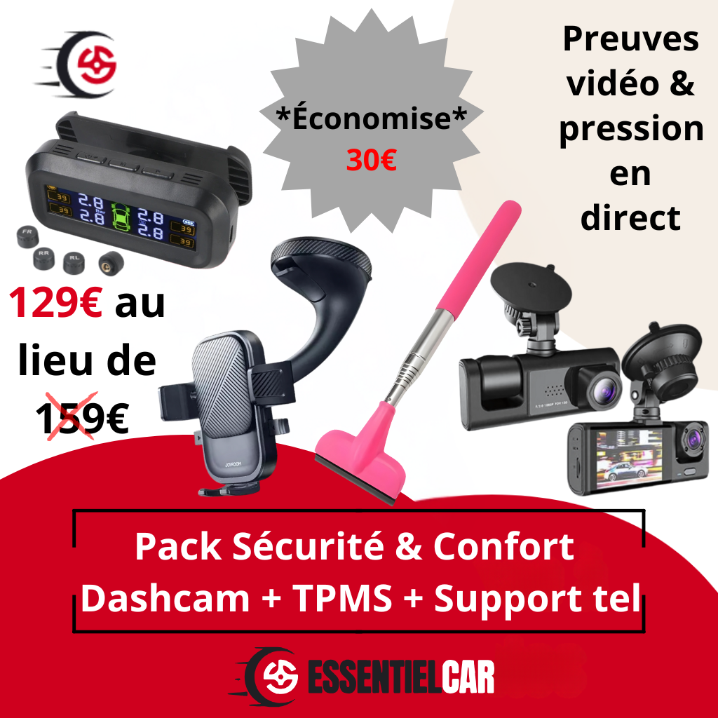 Pack Sécurité & Confort avec dashcam, capteur pression pneus, support téléphone 360°, essuie-glace rétroviseur pour conduite sûre et confortable.