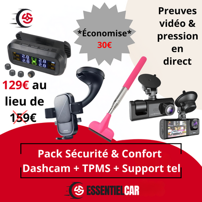 Pack Sécurité & Confort avec dashcam, capteur pression pneus, support téléphone 360°, essuie-glace rétroviseur pour conduite sûre et confortable.