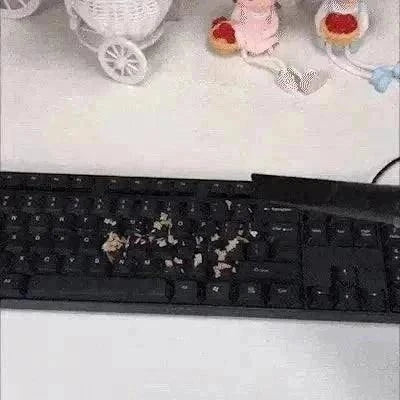 Aspirateur sans fil nettoyant un clavier en enlevant les débris, démontrant sa puissance et praticité.