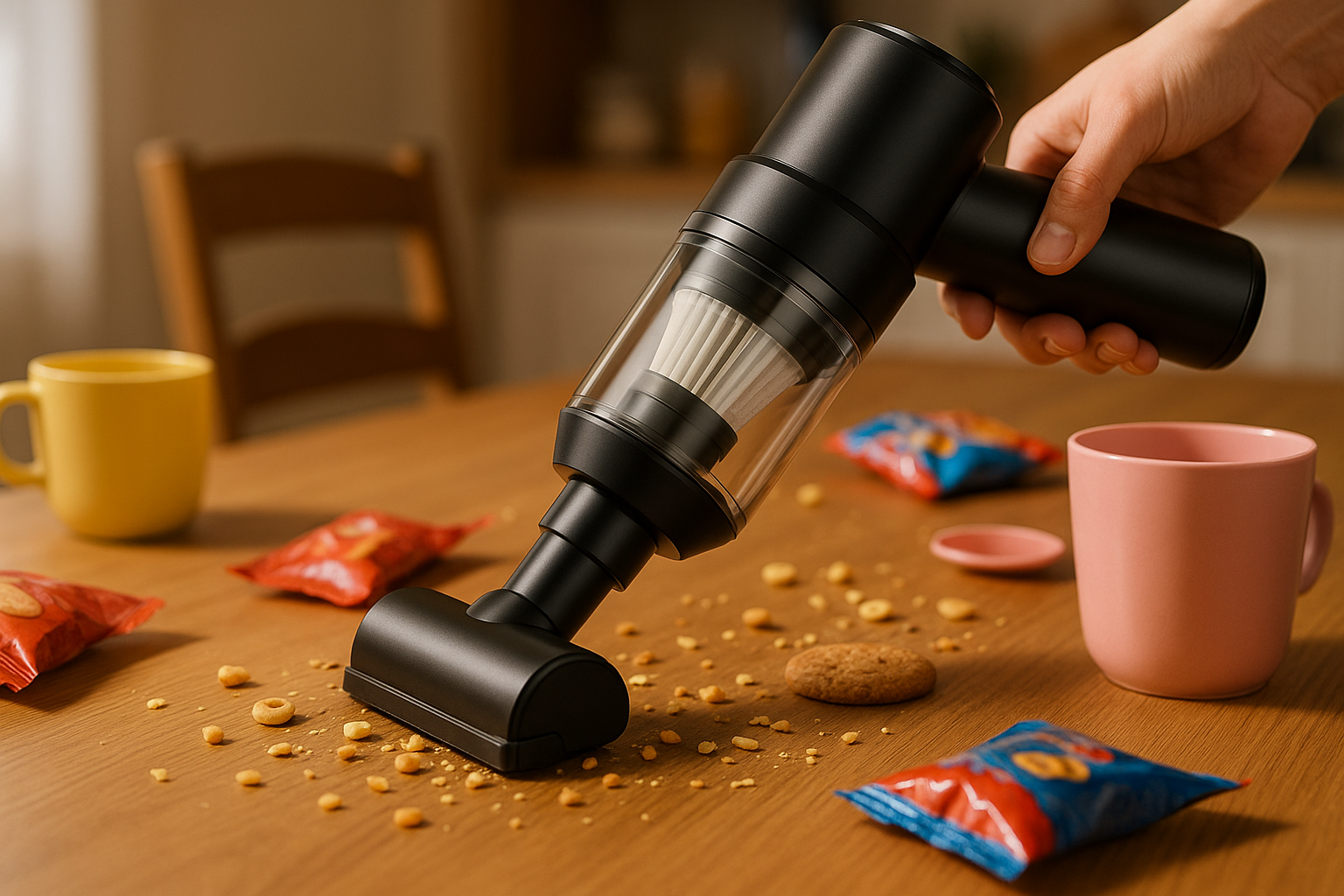 Aspirateur sans fil nettoyage table goûter enfants - Usage familial quotidien