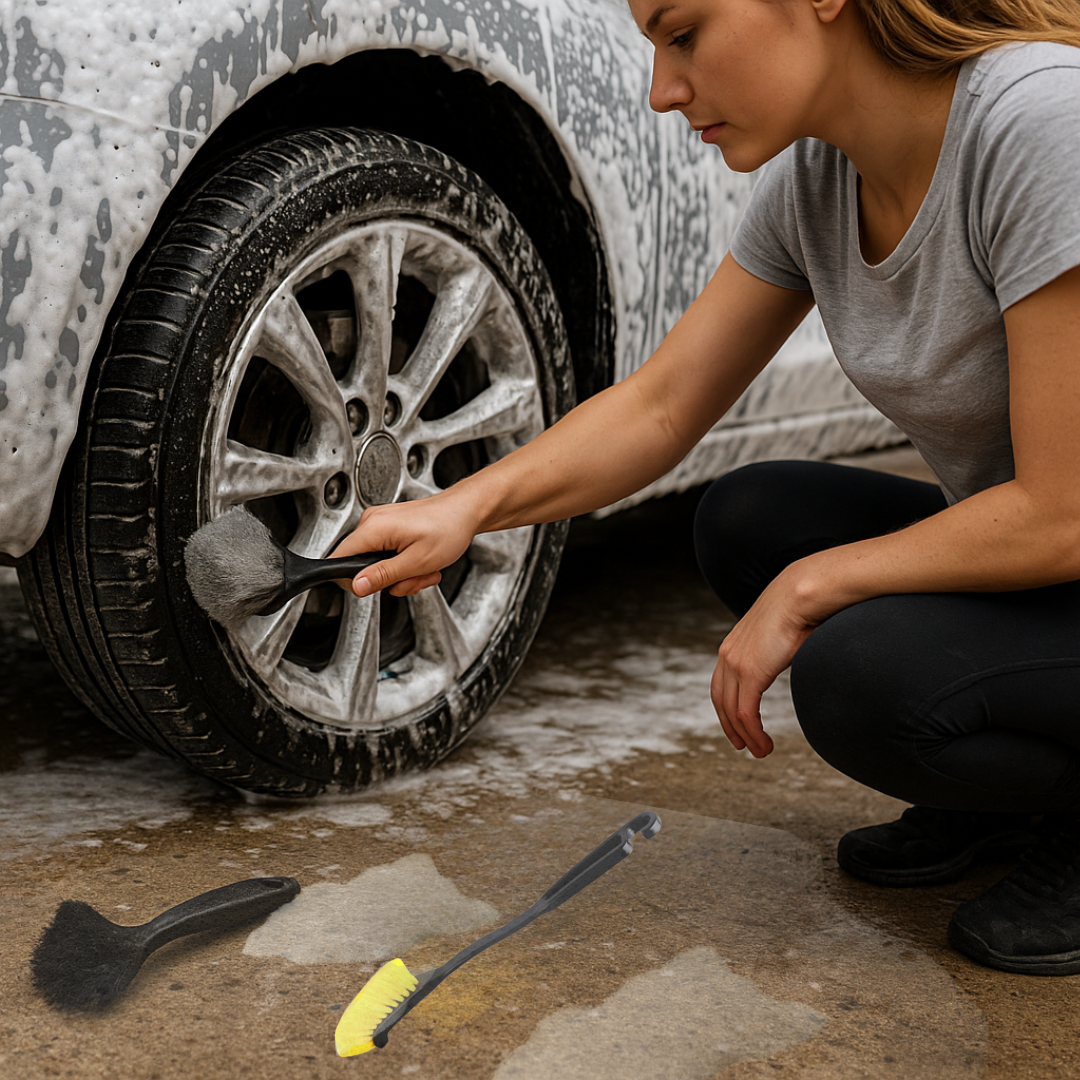 Femme nettoyant jante de voiture avec brosse à jantes ergonomique et poils doux pour un nettoyage en profondeur.