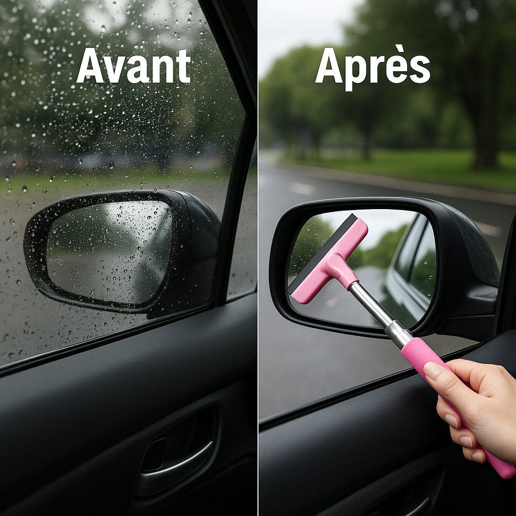 Essuie-glace rétroviseur portable efficace pour visibilité parfaite sous la pluie avant-après nettoyage