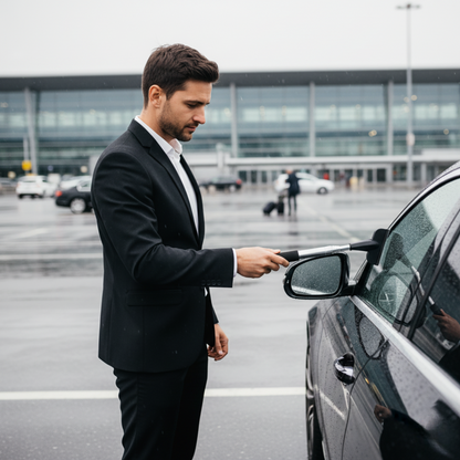Homme utilisant essuie-glace portable pour nettoyer rétroviseur de voiture sous la pluie en extérieur