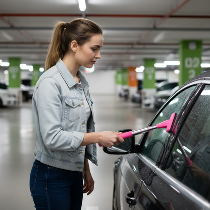 Femme utilisant un essuie-glace rétroviseur rose pour nettoyer la vitre de voiture mouillée en parking couvert