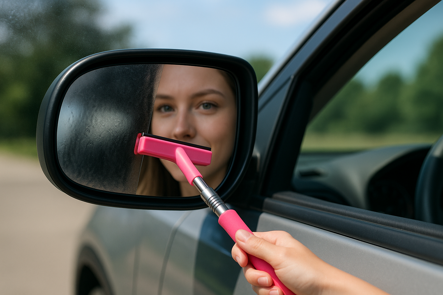 Essuie-glace rétroviseur portable femme - Démonstration avant/après efficacité rose